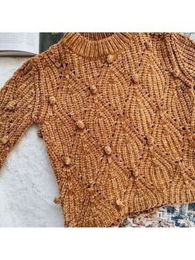 LOST + WANDER QUARTER SLEEVE CHUNKY KNIT CROP POM SWEATER GOLDEN BROWN XS
